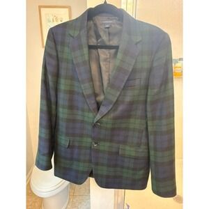 Land's End Women's Size 16 Black Watch Plaid 100% Wool Blazer Jacket Preppy